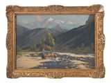 une peinture à l'huile représentant un homme et une femme gardant des moutons dans un paysage montagneux