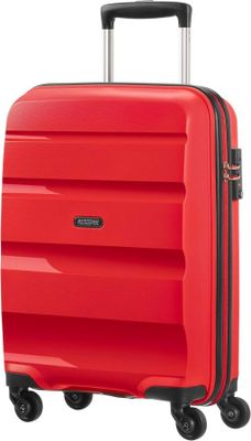 red suitcase with black handle and wheels on a white background