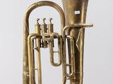 an old brass tuba is shown against a white background