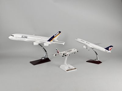 Deux maquettes d'avions sont posées sur un socle, sur une surface grise.