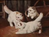 painting of three cats in a basket on a table with a wooden chair