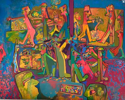 abstract painting of a group of people in a room with a blue wall