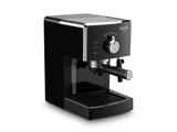 a black coffee machine on a white surface with a white background