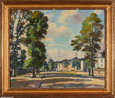 une peinture à l'huile représentant une rue avec des arbres et des maisons en arrière-plan