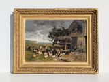 an image of a painting of a farm scene with chickens and chickens