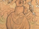 dessin représentant une femme assise sous un arbre, une fleur à la main