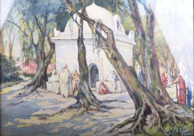 une peinture représentant un groupe de personnes devant un bâtiment