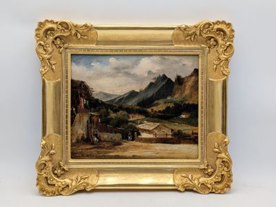 an oil painting of a landscape with a mountain in the background