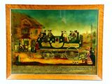 painting of a horse drawn carriage with people on it in front of a building