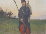 tableau représentant un homme en uniforme tenant un fusil dans un champ