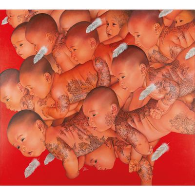 une image représentant un tableau où l'on voit un groupe de bébés avec des plumes sur la tête