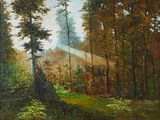 une peinture à l'huile représentant une scène forestière avec des arbres et une colline