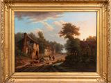 an oil painting of a village scene with a horse drawn carriage by a man