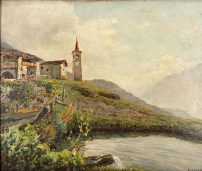 an image of a painting of a church on a hill by the water