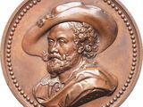 une image représentant un médaillon en bronze sur lequel figure un homme coiffé d'un chapeau