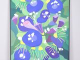 painting of a bunch of blue flowers on a green background