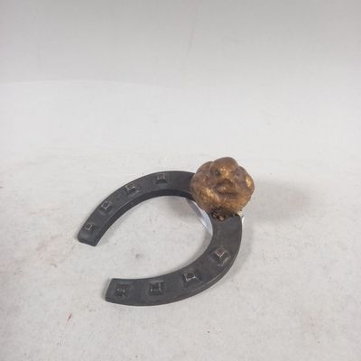 un fer à cheval contenant un caillou, posé sur une surface blanche