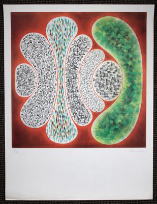 une image d'une photo d'un tableau représentant une fleur et une plante verte