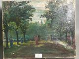 an oil painting of a park scene with people walking in the distance