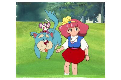a cartoon picture of a girl and a cat in a field