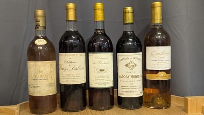 several bottles of wine are lined up on a wooden tray