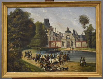 un tableau représentant des personnes à cheval devant un château