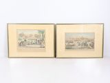 deux reproductions encadrées représentant des chevaux et des jockeys dans un paysage
