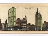 dessin représentant la silhouette d'une ville, avec des gratte-ciel et des immeubles en arrière-plan
