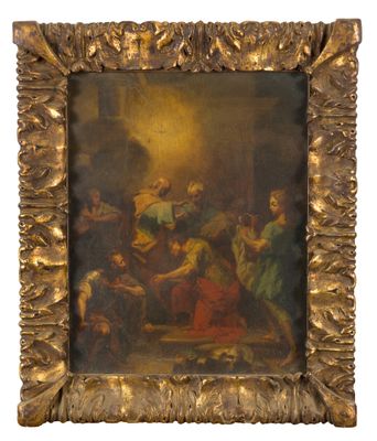 une peinture représentant un groupe de personnes assises autour d'une table