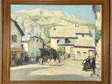 tableau représentant une scène de village avec une montagne en arrière-plan