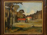 an image of a painting of a farm scene with a person sitting in the grass