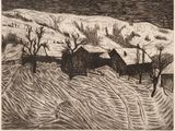 une image représentant un dessin en noir et blanc d'une ferme sous la neige