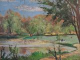 un tableau représentant un étang au milieu d'un parc