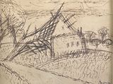 dessin représentant une maison dans un champ, avec des arbres en arrière-plan