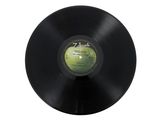 a black vinyl record with a picture of a green apple on it