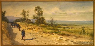 un tableau représentant un groupe de personnes marchant sur un chemin de terre