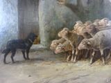 a painting of a group of sheep in a barn