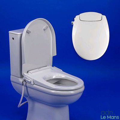 a white toilet with the lid up and a blue background