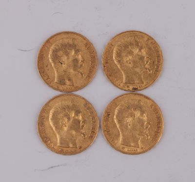 FRANCE, quatre pièces de 20 francs or (900) Napoléon III têt…