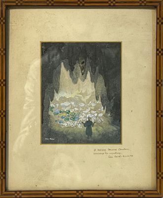 une vieille photo représentant un tableau montrant une personne dans une grotte