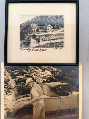 two pictures of a man standing next to a car