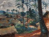un tableau représentant un village en plein milieu de la journée