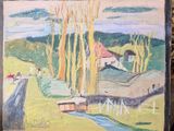 une peinture à l'huile représentant un tableau représentant un paysage avec des arbres et un ruisseau