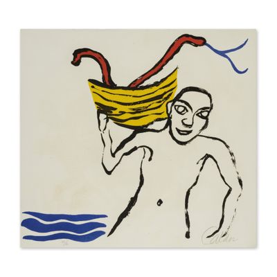 un tableau représentant un homme tenant une banane au-dessus de sa tête