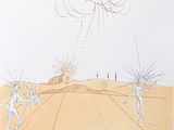 dessin représentant un groupe de personnes dans une région désertique, avec le ciel en arrière-plan