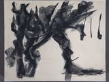 a black and white painting of a man holding a knife