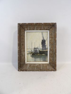 tableau représentant un bateau sur un plan d'eau, avec un moulin à vent en arrière-plan