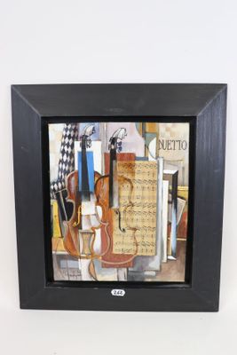 painting of a violin and musical instruments in a black frame
