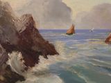 a painting of a boat in the water near a rocky shore
