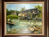 painting of a house by the water with boats in front of it
